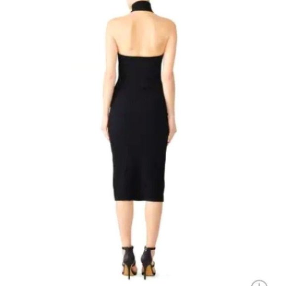 Ronny Kobo Mardelle Asymmetrical High Leg Slit Halter Black Ribbed Midi dress - Picture 8 of 12